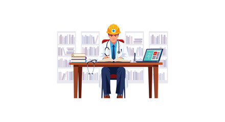 Engineer doctor hybrid professional wearing yellow safety hard hat and white lab coat sitting at desk with laptop and stethoscope studying textbooks in modern library with white bookshelves area. © Al Amin Stock