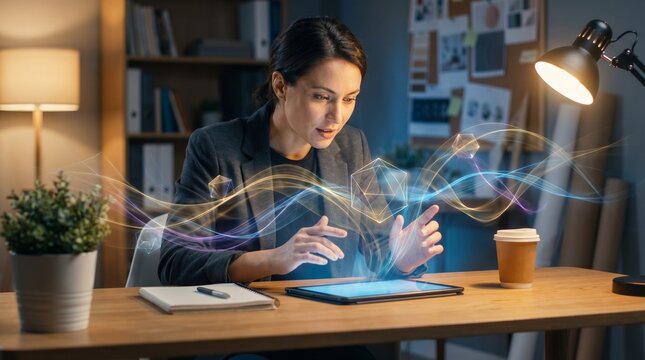 Human creativity amplified by artificial intelligence, blending physical and digital worlds in a seamless and emotional way.