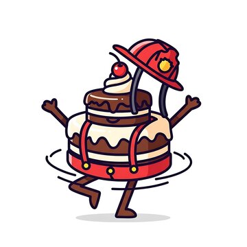 Animated two-layer dessert with cream, a cherry, and a firefighter helmet, walking and spinning with suspenders