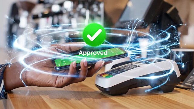 Customer paying wirelessly with phone at cafe checkout counter