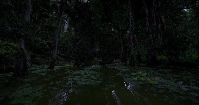 twilight wetland with shallow pools and dense foliage muted palette and soft light create contemplative stillness, ideal for meditation, conservation messaging