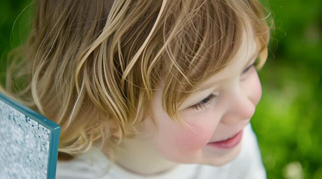 Curious toddler examines a textured tile sample outdoors displaying wonder and fascination with construction materials a charming portrait of childhood exploration