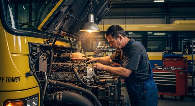 Skilled Mechanic Inspecting Engine Components On Transit Bus