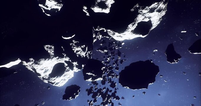 silhouetted asteroids drifting across luminous starfield, high contrast silhouettes and distant galaxy glow, sense of scale and silent vastness with scattered