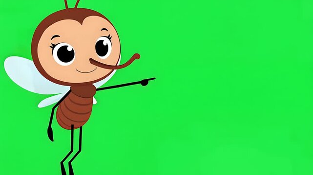 Cute cartoon mosquito character pointing right, friendly insect illustration on green screen background, animation element