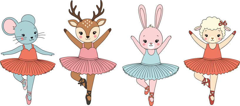 Animal Ballerina Set with Mouse, Deer, Bunny, and Lamb in Ballet Poses for Kids, Dance, and Cute Animal Illustrations