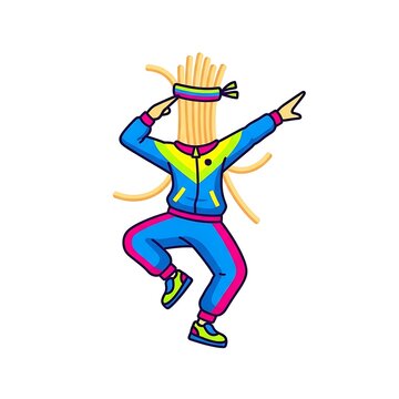 Cartoon character made of noodles dabbing, wearing retro tracksuit. Bright colors, white background