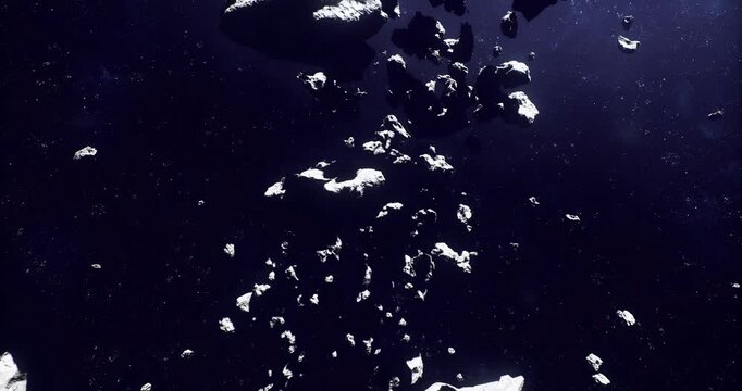 Cinematic asteroid field with dramatic lighting, stark contrasts between illuminated ice and deep shadow, cinematic composition evokes suspense, soft glow