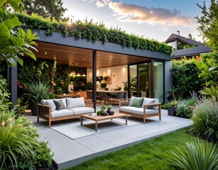 Fototapeta premium Contemporary Outdoor Patio with Lush Greenery and Cozy Seating