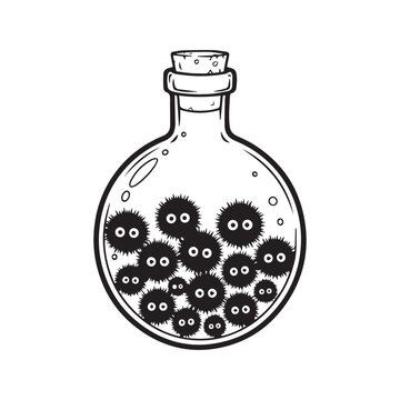 Black and white line art illustration of a glass bottle with a cork stopper filled with cute fuzzy black creatures with big eyes
