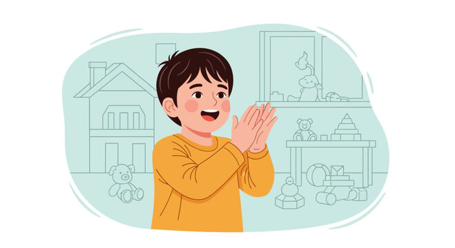 Boy claps hands with joy in a playroom filled with toys and drawings during a sunny afternoon inside a home