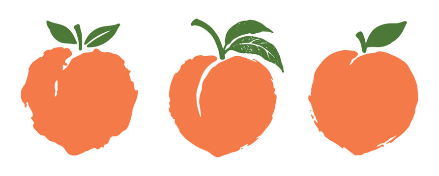 Three ink blot peaches with leaves, isolated art