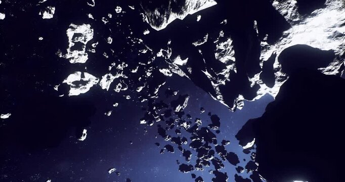 salvage drone weaving through asteroid stream, sensors flaring against dark void, tumbling shards and jagged fragments creating tense corridor, navigation