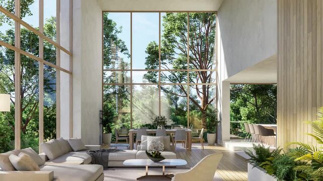 Modern contemporary living room with double-height ceiling and large windows overlooking a green forest. Luxury interior with a large sofa, dining area, and indoor plants. 3D animation render.