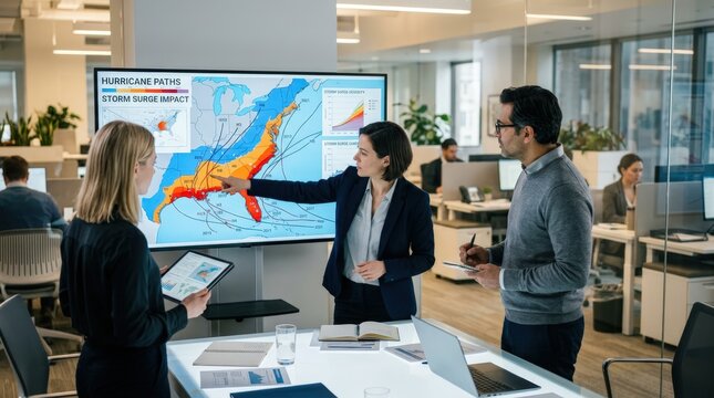 Medium shot of reinsurer specialists studying concentrated storm surge impact visuals hurricane paths in focus office environment softly blurred for depth.