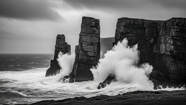 Crashing Waves at Cliffs: Witness the raw power of nature as relentless waves crash against imposing rock formations along a dramatic coastline, capturing a moment of both beauty and untamed energy.