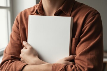 Naklejka premium Woman holding blank book against chest with soft natural window light glow
