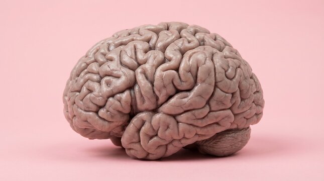 Human brain ultra detailed folds, realistic texture, isolated on pastel pink background, studio lighting