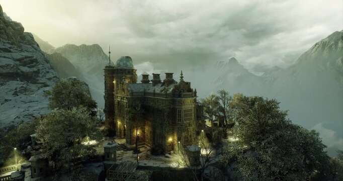 brooding mountain citadel under storm clouds, massive stone walls and crenellated parapets, swirling mist around turrets, pine slopes receding into haze,