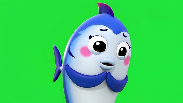 Cute 3D cartoon blue fish character with sad expression on green screen background, chroma key isolated