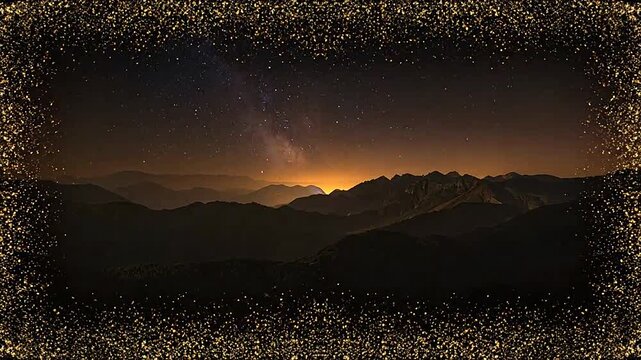 A beautiful scenic view of mountains under a starry night sky with a golden frame border