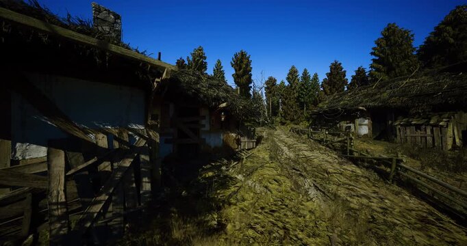 abandoned hamlet under clear blue sky with central overgrown track, historian documentation scenario hinted, tiled roofs, exposed beams, strong midday contrast
