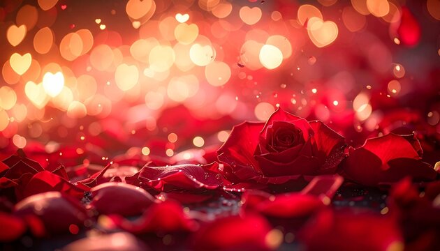 暗い背景に散る赤いバラの花びらとハート型のボケ光