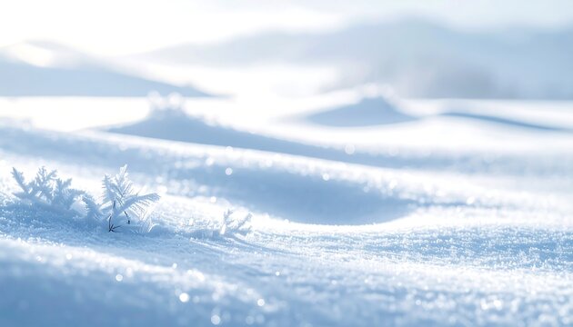 Soft focus landscape showcases crystalline formations and snow-covered terrain. Rolling hills are barely visible in the diffused sunlight
