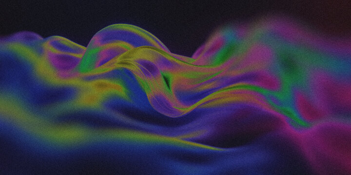 Abstract iridescent fluid waves with vibrant rainbow colors and subtle grainy texture, ideal for backgrounds