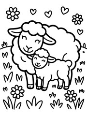 Obraz premium Mother and Baby Lamb in the Meadow: A heartwarming illustration of a mother lamb and her baby lamb. Their soft woolly coats are surrounded by grassy meadow with flowers and hearts.