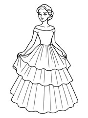 Fototapeta premium Elegant Figure in Detailed Dress: An elegant woman, gracefully posed in a layered, off-shoulder dress, her form meticulously rendered in an artful line drawing, a vision of refined grace.