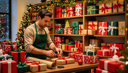 Fototapeta premium Crafting Moments: A craftsman diligently prepares festive gift with meticulous care, adding the finishing touch with a decorative ribbon, amidst a backdrop of holiday cheer.
