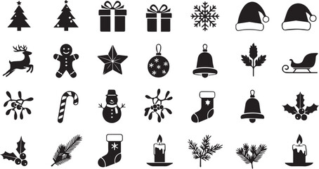 Naklejka premium Set of black vector silhouette icons featuring a Christmas tree, winter hat, star, and holiday gift symbols for a new year design collection