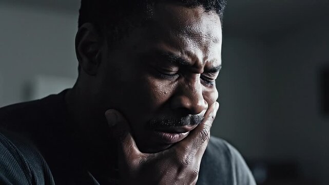 A man experiences stress and anxiety while talking on his phone in a dark room