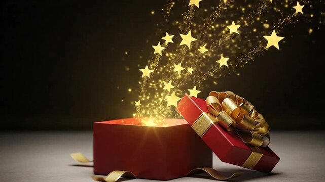 A red gift box with a golden ribbon is open, revealing a magical, glowing light inside