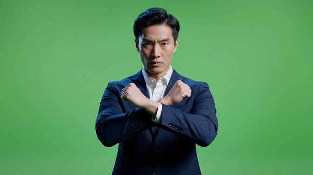 A businessman in a blue suit gestures with his hands in a stop motion against a green background, conveying a sense of refusal or rejection.