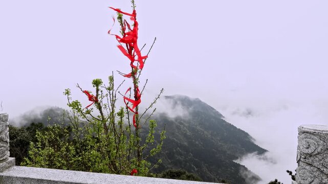 Red Prayer Ribbons on Tree Branch With Misty Mountain Valley View China 4K