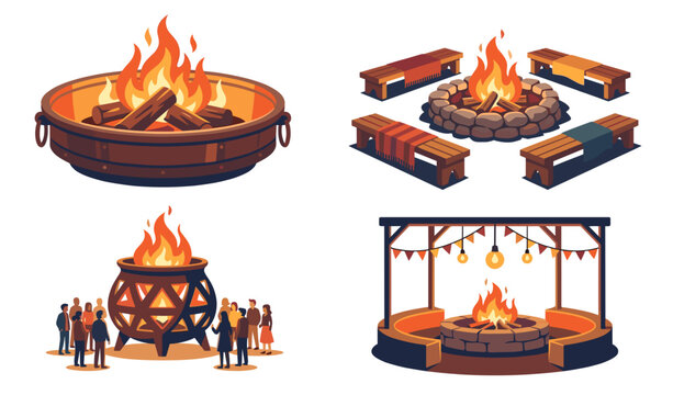Flat vector collection of cozy outdoor fire pit areas with wooden seating decorative metal bowls gathering people and pergola with string lights