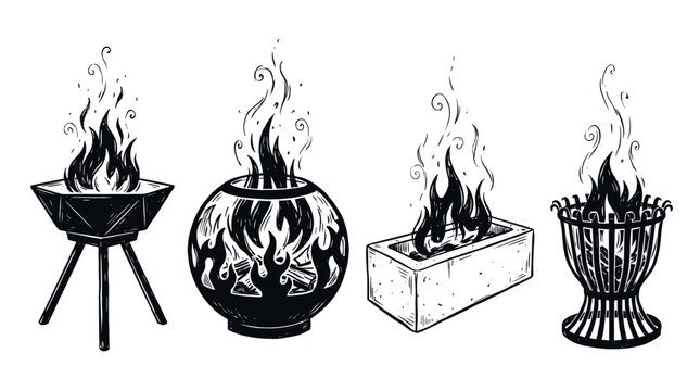 Hand drawn vintage style vector illustration set of isolated decorative outdoor fire pit designs with stylized flames for backyard heating and camping equipment