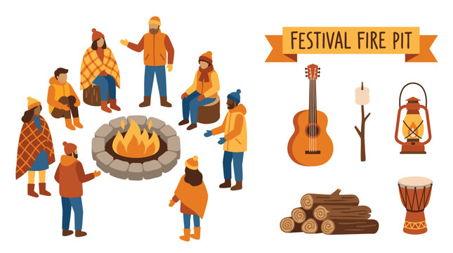 Flat vector illustration of diverse people gathering around a stone fire pit with camping elements like guitar lantern drum and logs for autumn festival celebration