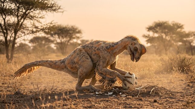 Oviraptor dinosaur A detailed CGI rendering of a dinosaur in a dry, open environment setting. The creature appears to be interacting with a fractured egg shell