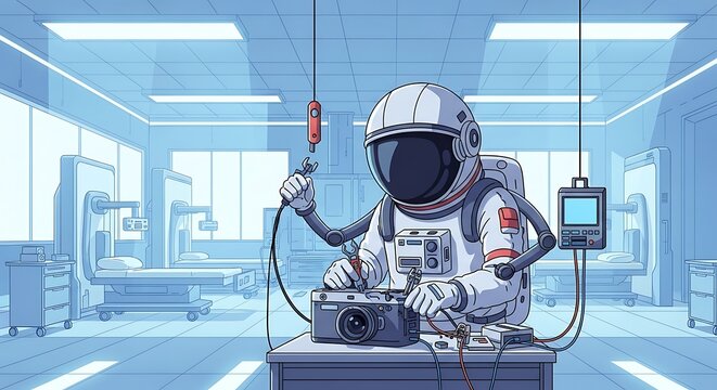 Cartoon depiction of a spaceman in a medical room, seemingly repairing electronics and medical equipment