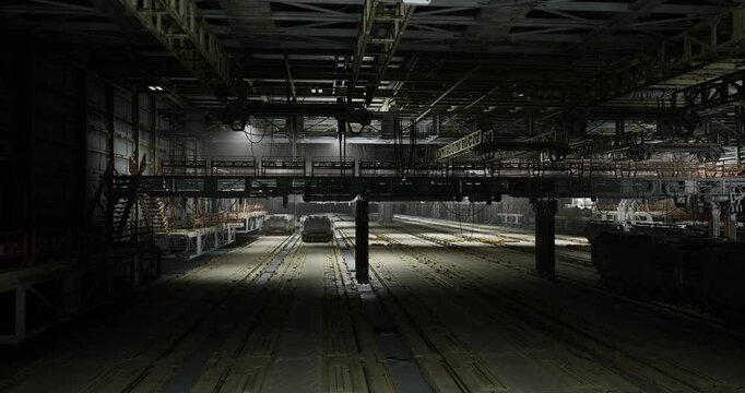 dim abandoned metro workshop filled with rusting carriages, dust layers, collapsed fixtures and scattered debris melancholic mood with peeling paint, dark
