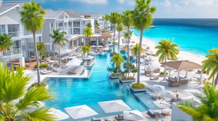 Obraz premium Luxury Beachfront Resort with Pool and Scenic Ocean Views Under Clear Sky