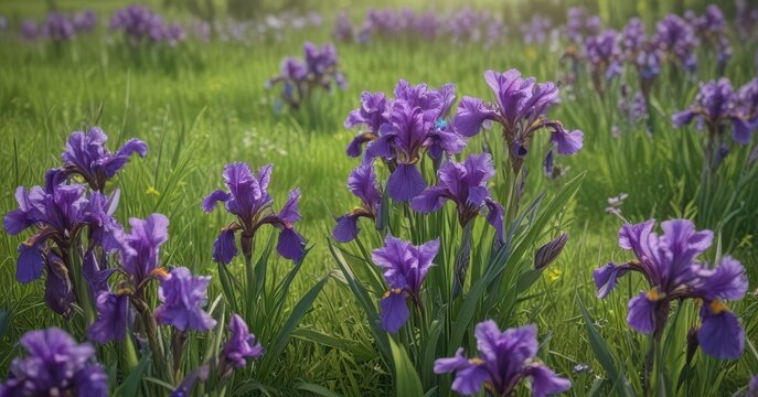 Vibrant purple irises blooming in a field of green grass and wildflowers ,  irises,  flowers