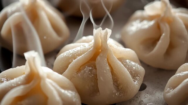 Steamed dumpling pleated dough sesame seed steam savory filling food closeup warm appetizing glossy
