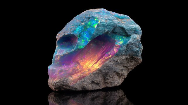 A striking rough opal gemstone with vibrant iridescent colors