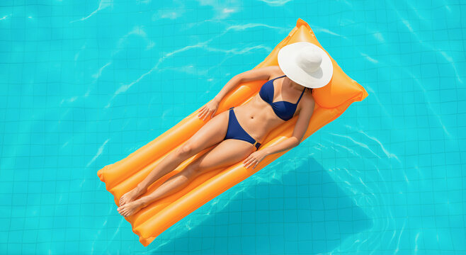 Top view of woman in bikini floating on orange mattress in swimming pool
