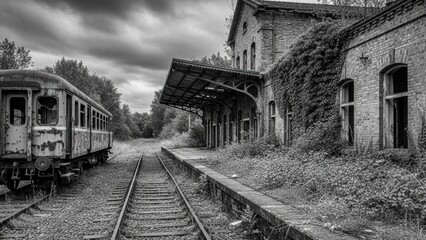 Fototapeta premium Abandoned Railway Station: A haunting black and white photograph captures the desolation of an abandoned railway station.