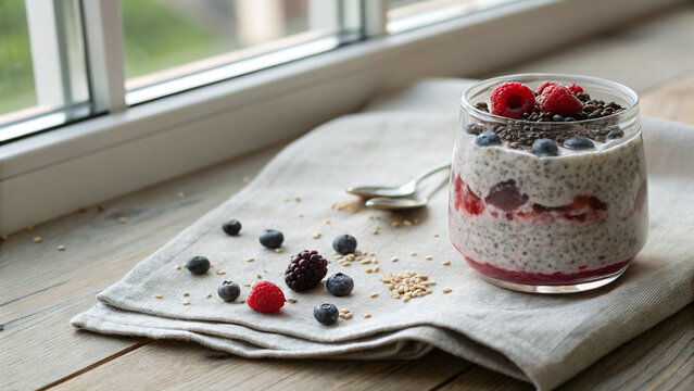 Modern chia pudding in glass jar with berries on wooden table, soft natural light and calm minimal lifestyle composition
